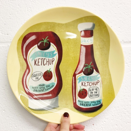 Saucy Ketchup Bottles - ceramic dinner plate by Sarah Wilkinson