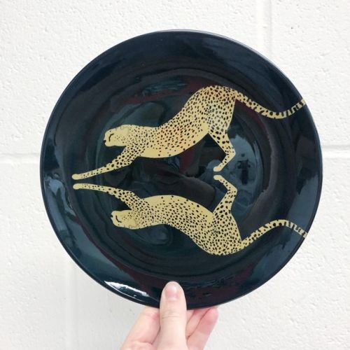 Mirrored Cheetahs - ceramic dinner plate by Ella Seymour