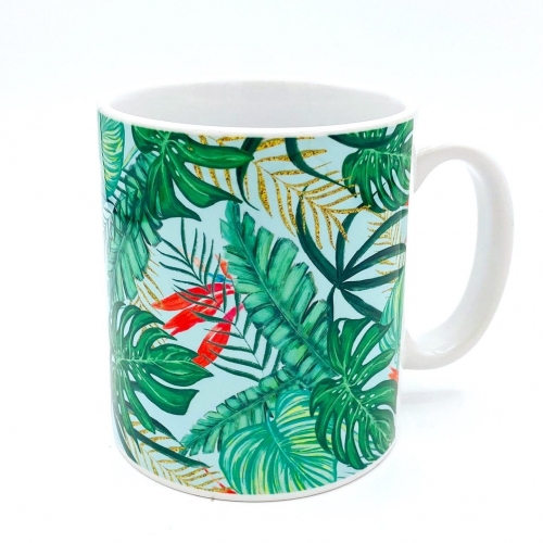 The Tropics | Jungle Botanical Bird of Paradise Illustration | Forest Palm Monstera Banana Leaves - unique mug by Uma Prabhakar Gokhale