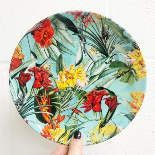 Tropical Flower Jungle on teal - ceramic dinner plate by Uta Naumann