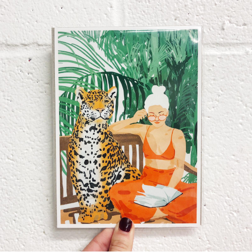 Jungle Vacay | Modern Bohemian Blonde Woman Tropical Travel | Leopard Wildlife Forest Reader - A1 - A4 art print by Uma Prabhakar Gokhale