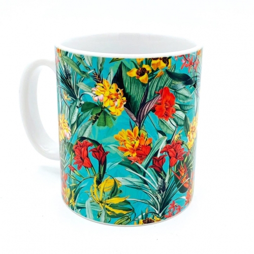 Tropical Flower Jungle on teal - unique mug by Uta Naumann