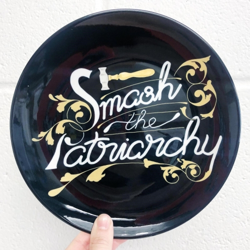 Smash the Patriarchy Feminist Art Nouveau Calligraphy Illustration - ceramic dinner plate by A Rose Cast - Karen Murray