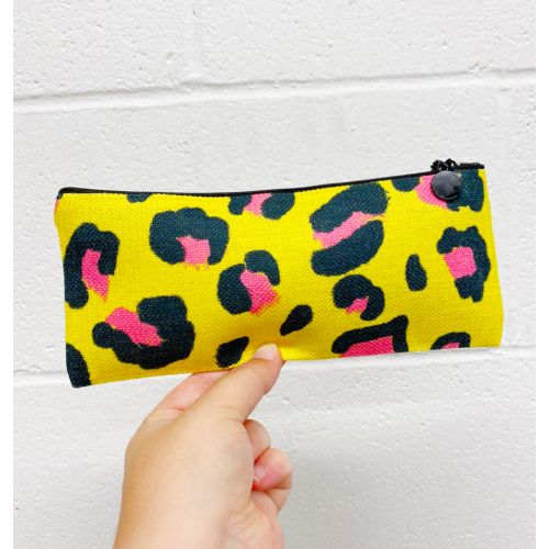 Leopard print yellow and pink - flat pencil case by Cheryl Boland