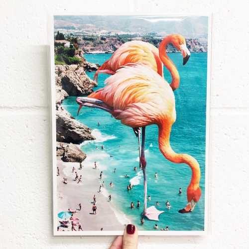 Flamingos on the Beach - original print by Uma Prabhakar Gokhale