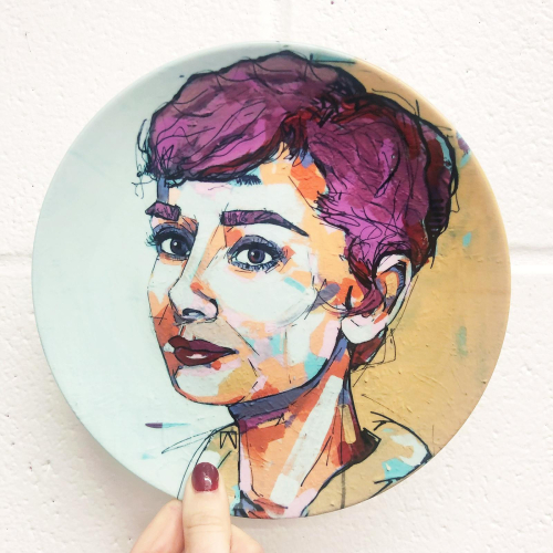Punk Audrey - ceramic dinner plate by Laura Selevos