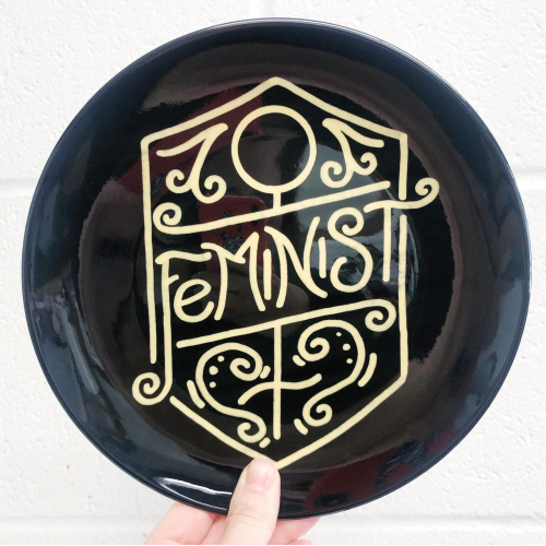 Feminist Calligraphy Art Nouveau Gold & Black Ornate Flourish - ceramic dinner plate by A Rose Cast - Karen Murray