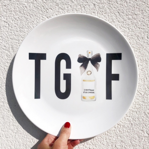 TGIF (Thank God It's Friday) Champagne Bottle - ceramic dinner plate by Toni Scott