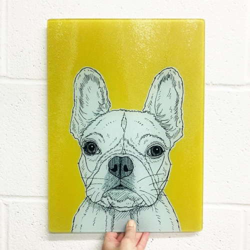 French Bulldog Portrait ( yellow background ) - glass chopping board by Adam Regester