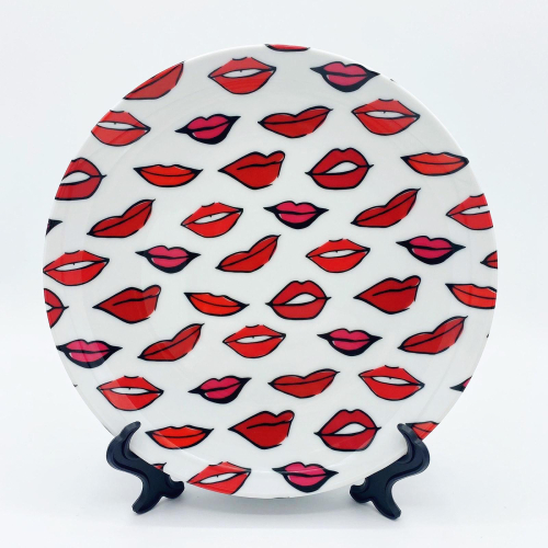 Red & Pink Lippy Pattern - ceramic dinner plate by Bec Broomhall
