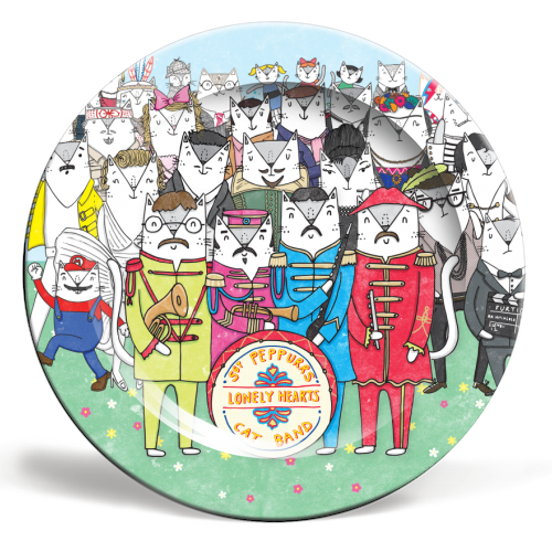 Sgt. Peppurrs Lonely Hearts Cat Band - ceramic dinner plate by Katie Ruby Miller