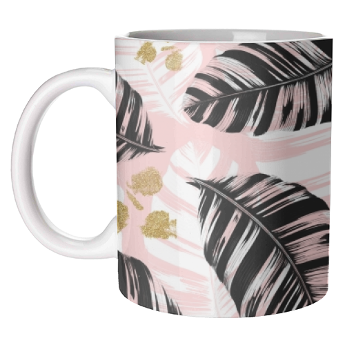 Black and pink leaves pattern - unique mug by MMarta BC