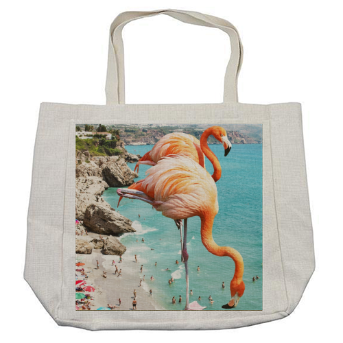 Flamingos on the Beach - cool beach bag by Uma Prabhakar Gokhale