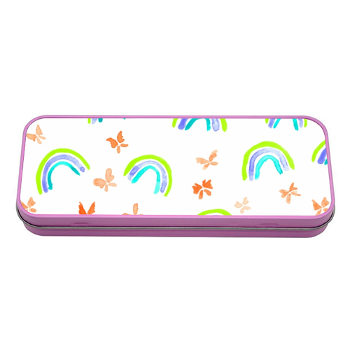 Rainbows and butterflies - tin pencil case by Michelle Walker