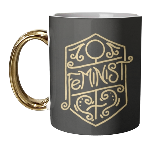 Feminist Calligraphy Art Nouveau Gold & Black Ornate Flourish - unique mug by A Rose Cast - Karen Murray
