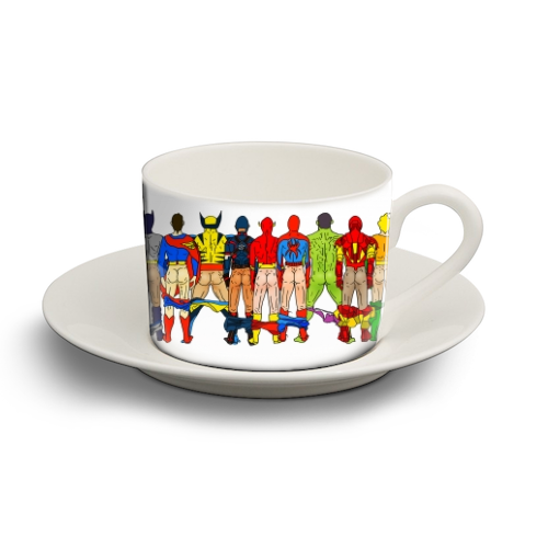 Superhero Butts Circular Round - personalised cup and saucer by Notsniw Art