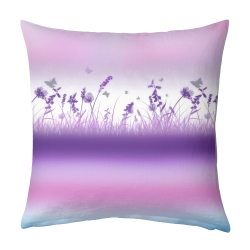 Spring Meadow Haze Pink Purple Blue - designed cushion by InspiredImages