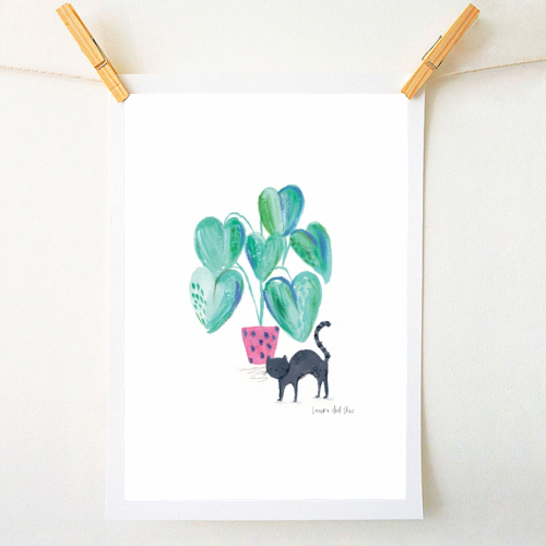 Black cat and house plant painting - A1 - A4 art print by lauradidthis