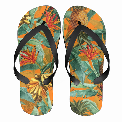 Tropical Jungle with Pineaplles and Bananas - funny flip flops by Uta Naumann