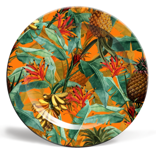 Tropical Jungle with Pineaplles and Bananas - ceramic dinner plate by Uta Naumann