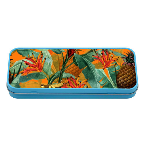 Tropical Jungle with Pineaplles and Bananas - tin pencil case by Uta Naumann