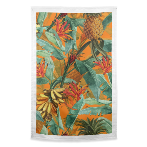 Tropical Jungle with Pineaplles and Bananas - funny tea towel by Uta Naumann