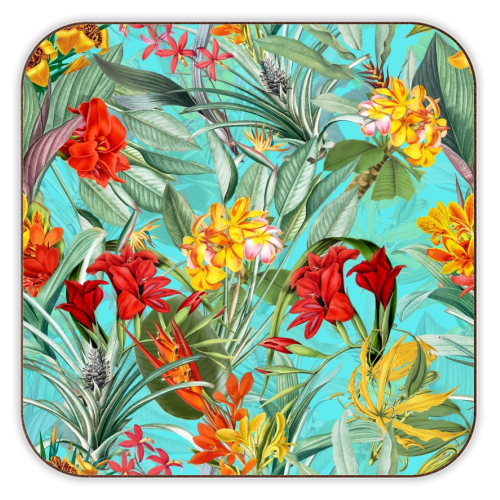 Tropical Flower Jungle on teal - personalised beer coaster by Uta Naumann