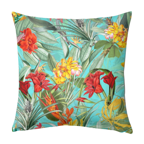 Tropical Flower Jungle on teal - designed cushion by Uta Naumann