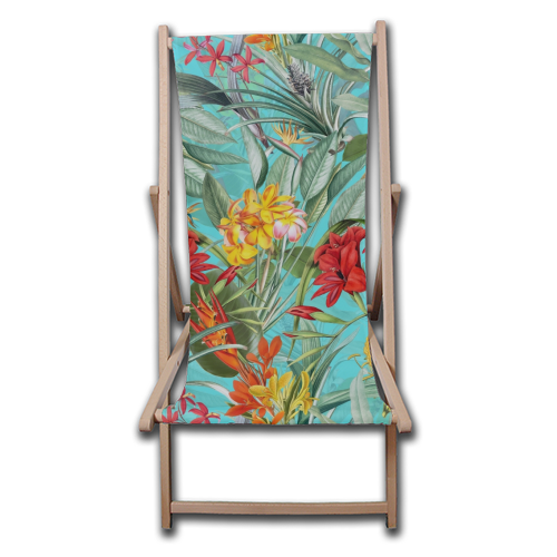 Tropical Flower Jungle on teal - canvas deck chair by Uta Naumann