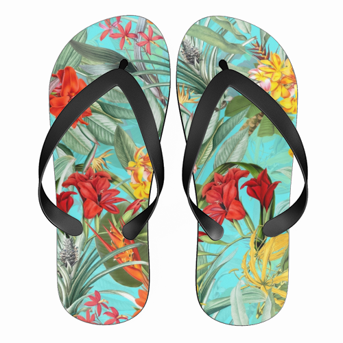 Tropical Flower Jungle on teal - funny flip flops by Uta Naumann