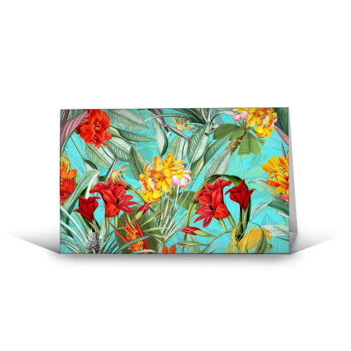 Tropical Flower Jungle on teal - funny greeting card by Uta Naumann