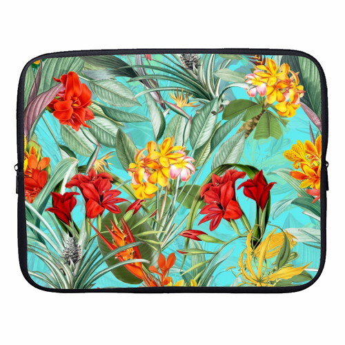 Tropical Flower Jungle on teal - designer laptop sleeve by Uta Naumann