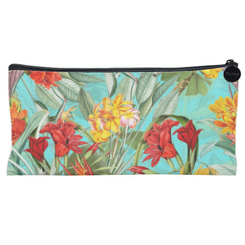 Tropical Flower Jungle on teal - flat pencil case by Uta Naumann
