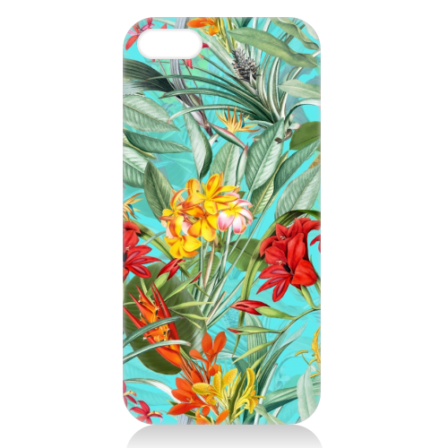 Tropical Flower Jungle on teal - unique phone case by Uta Naumann