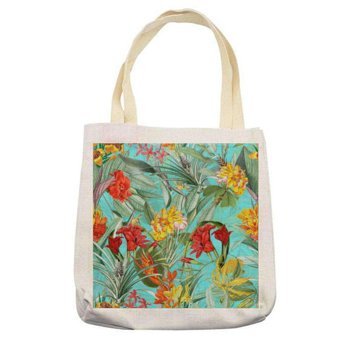Tropical Flower Jungle on teal - printed tote bag by Uta Naumann