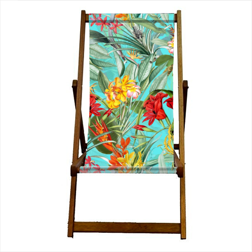 Tropical Flower Jungle on teal - canvas deck chair by Uta Naumann