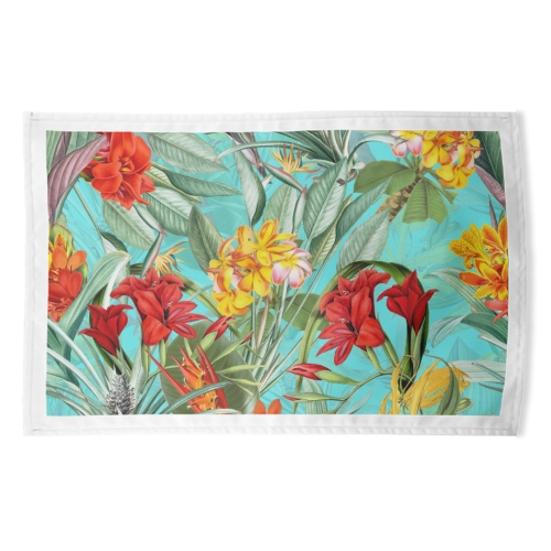 Tropical Flower Jungle on teal - funny tea towel by Uta Naumann