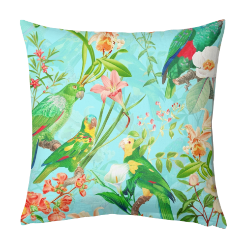 Tropical Bird and Flower Jungle - designed cushion by Uta Naumann