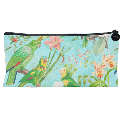 Tropical Bird and Flower Jungle - flat pencil case by Uta Naumann