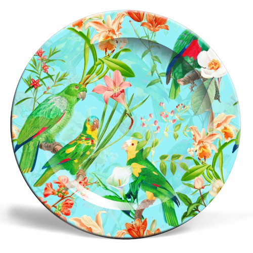 Tropical Bird and Flower Jungle - ceramic dinner plate by Uta Naumann