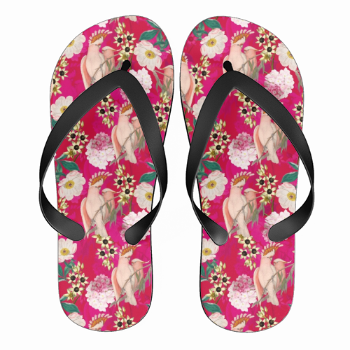 Pink Parrot and Tropical Flowers - funny flip flops by Uta Naumann