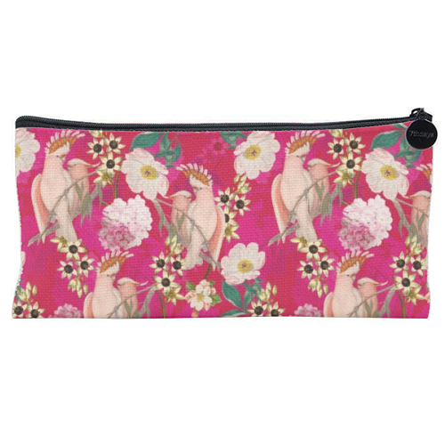 Pink Parrot and Tropical Flowers - flat pencil case by Uta Naumann