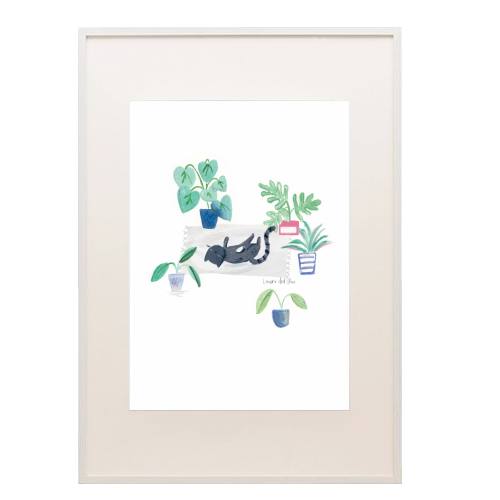 black cat lying on grey scandi rug - framed poster print by lauradidthis