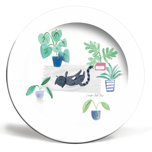 black cat lying on grey scandi rug - ceramic dinner plate by lauradidthis