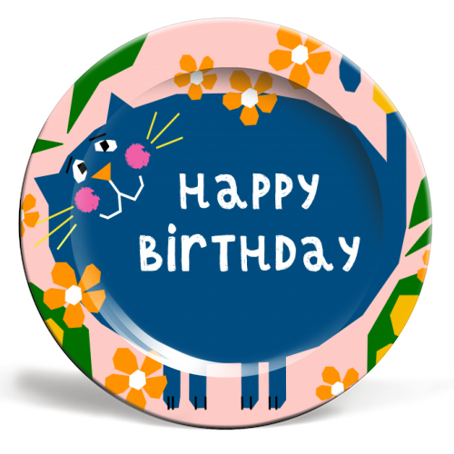 Happy Birthday Cat - ceramic dinner plate by Adam Regester