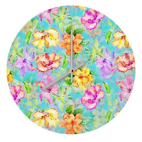 Colorful tropical Hibiscus Flower Jungle - quirky wall clock by Uta Naumann