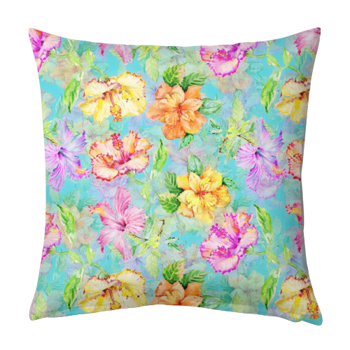 Colorful tropical Hibiscus Flower Jungle - designed cushion by Uta Naumann