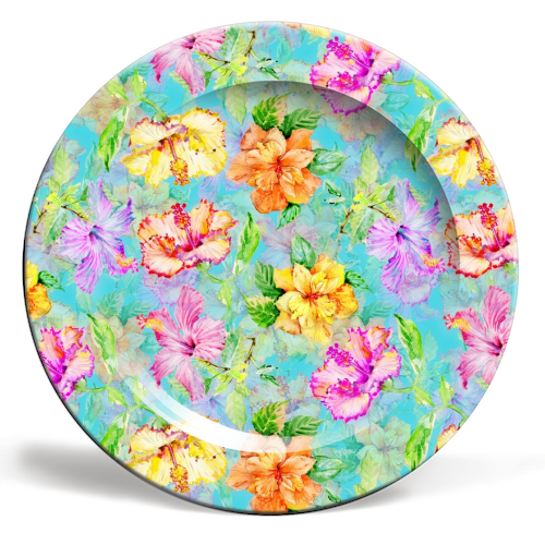 Colorful tropical Hibiscus Flower Jungle - ceramic dinner plate by Uta Naumann