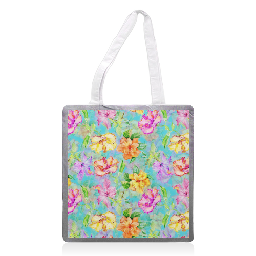 Colorful tropical Hibiscus Flower Jungle - printed tote bag by Uta Naumann