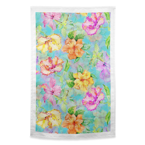 Colorful tropical Hibiscus Flower Jungle - funny tea towel by Uta Naumann
